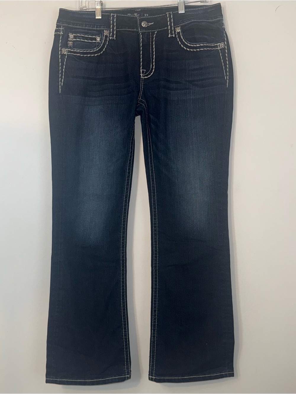 Miss Me Chloe Boot Jeans Size 33 Dark Wash Rhinestone Flap Pocket Bootcut